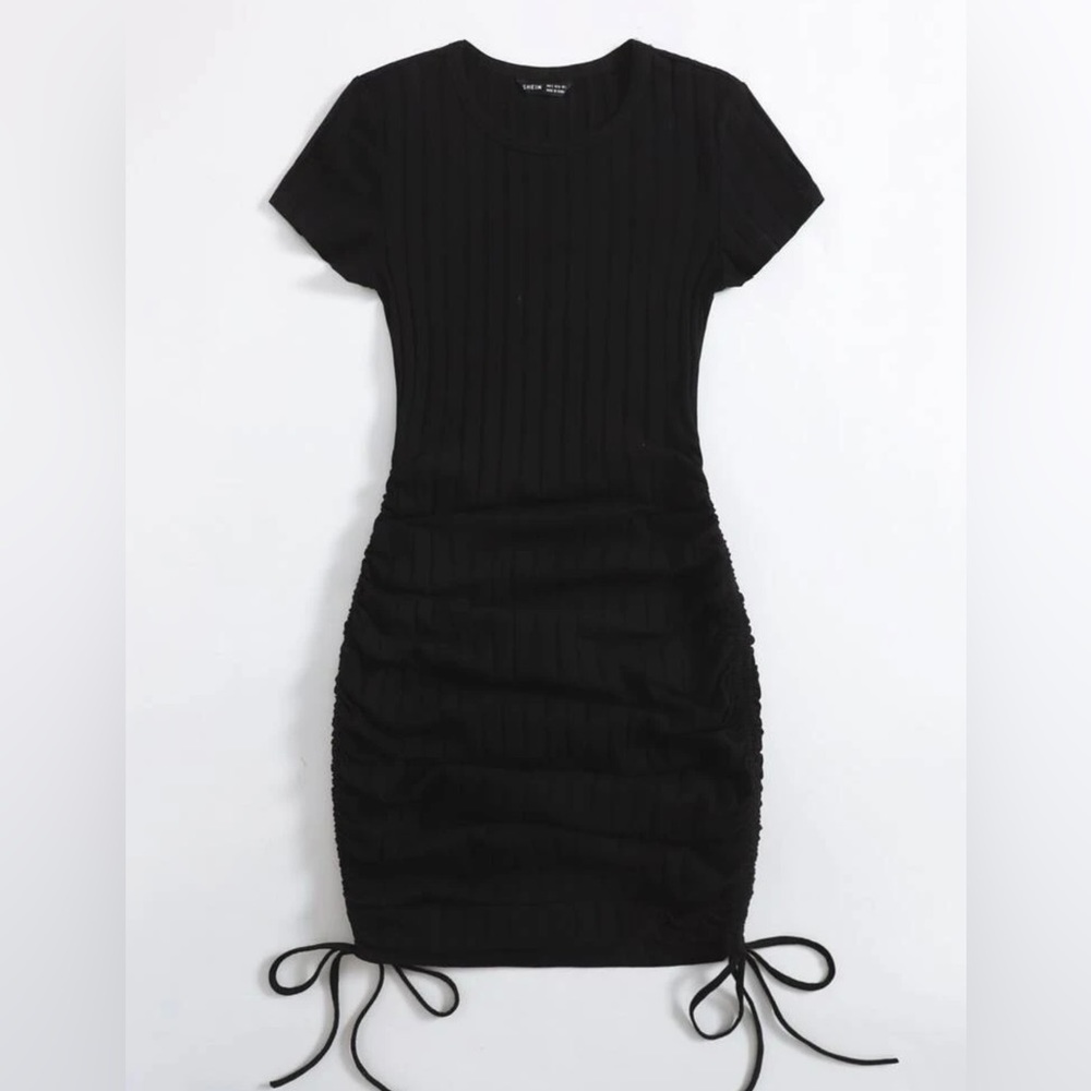 NWOT SHEIN Drawstring Side Rib-knit Bodycon Dress Black Size L (US 8/10)